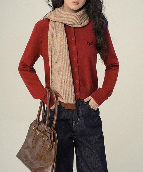 ワンポイントカーディガン リボン刺しゅう ニットトップス レディース 前開き ニットアウター クルーネック ニットセーター 韓国風 カジュアル ニット羽織 着回し 24TPS-052